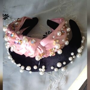 NEW! Cherie black velvet,white Pearls&Pink Rhinestone,Crystal&Pearl head…
